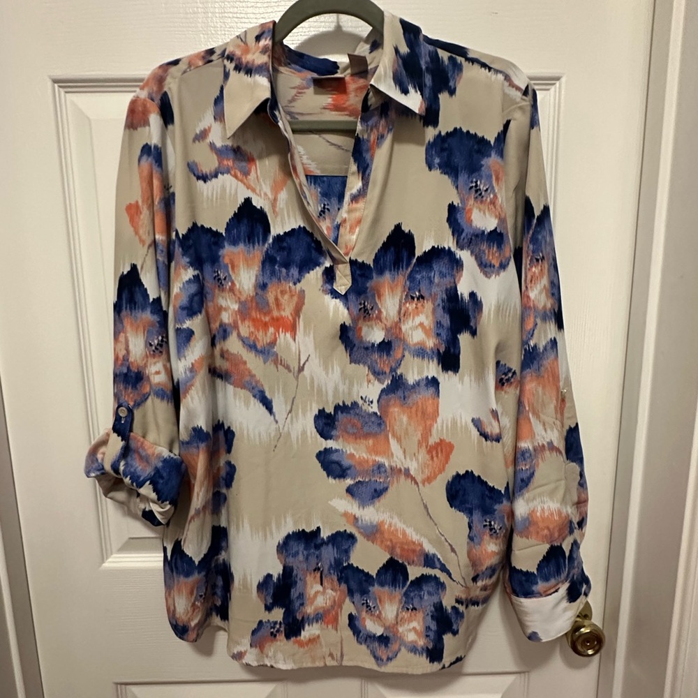Chico's Size 3 Beige Tunic Top with Blue and Pink Floral Design